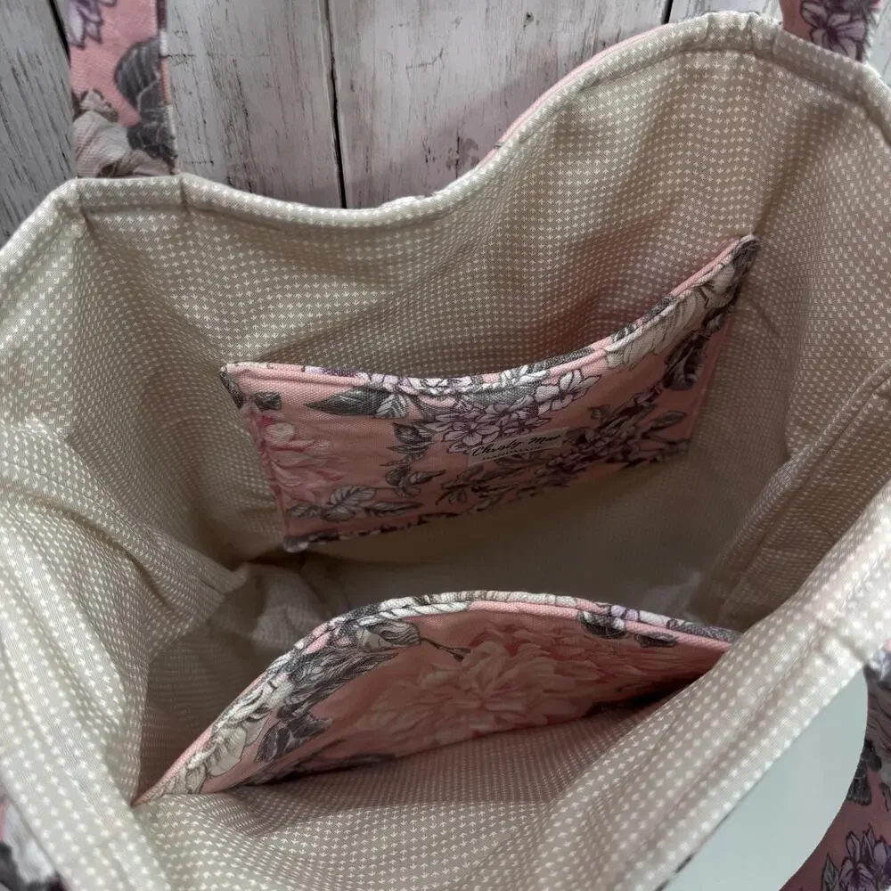 Quilted Pink Floral Tote Bag Denim Accent : Matching Zipper Pouch Included